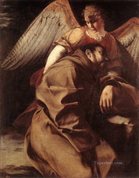 オラツィオ・ジェンティレスキ Painting - 天使バロック画家オラツィオ・ジェンティレスキが聖フランシスコを支援